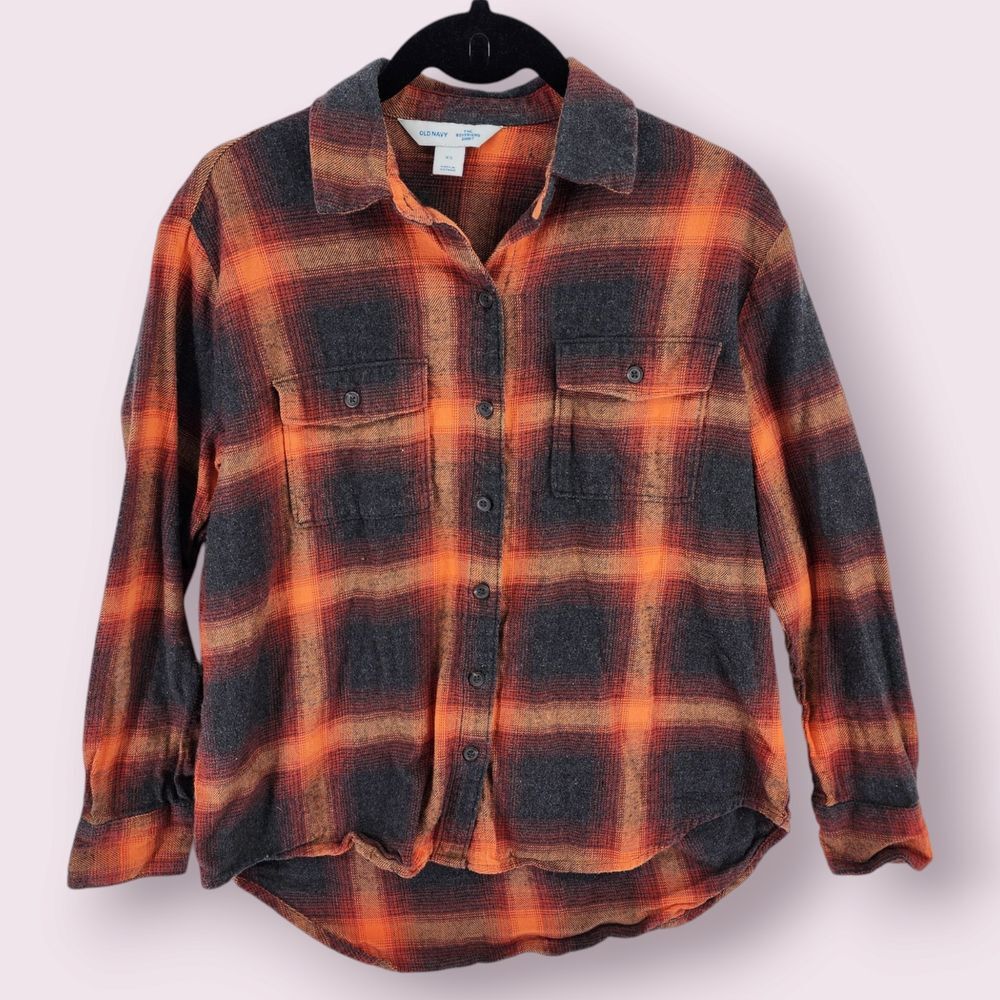 Old Navy Flannel Shirt Womens XS Orange Plaid Boyfriend Top